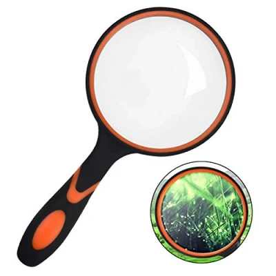 Image of Skyzone Magnifying Glass 10X,100mm/4inch Lens Handheld Reading Magnifier with Non Slip Soft Rubber Handle for Books, Inspection,Insect and Hobby Observation (Orange)
