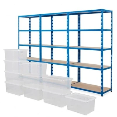 Image of BiGDUG Heavy Duty Garage Shelving Unit 3 Bay 179x90x45 cm 200kg UDL Per Shelf (1000kg Bay) 3x Blue Storage Shelves 5 Tier With 10x 31L Boxes