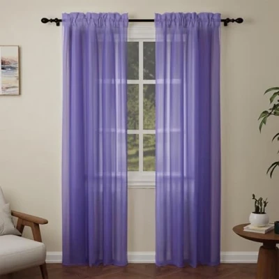 Image of Pacok Purple Voile Curtains, 90 Drop 2 Panels Net Curtain for Windows, Rod Pocket Sheer Panel Curtains Living Room Kitcken Bedroom W56xL90 Inch(Purple, 142 x 228cm)