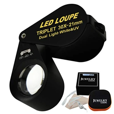 Image of 30x 21mm LED Loupe Jeweler Magnifier Magnification Dual 6 Lights (White) &amp; UV Light, Black Frame, Foldaway Pocket, Achromatic Aplanatic, Triplet Lens Magnifying Gem (30x Magnification)