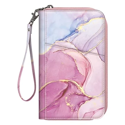 Image of FINTIE Passport Holder Travel Wallet for Family 4 6, RFID Blocking Document Organizer Clutch Bag Passports, Business Cards, Credit Boarding Passes, Marble Pink