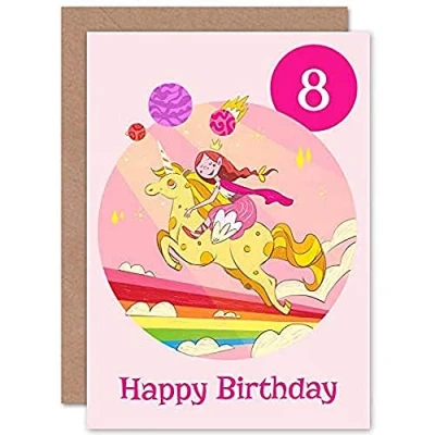 Image of Wee Blue Coo Unicorn Princess Rainbow 8th Birthday Greeting Card With Envelope Blank Inside Premium Quality