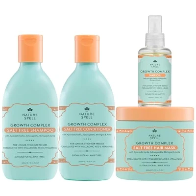 Image of Nature Spell Growth Complex Shampoo and Conditioner, Hair Oil Mask Set Pack Of 4 Haircare Salt &amp; Sulphate Free Conditioner 300ml x2 400ml x1 100ml