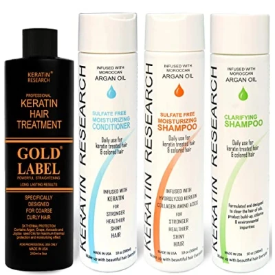 Image of Gold Label Professional Keratin Hair Treatment Large Set Strong Enhanced Formula Specifically Designed for Coarse Curly Black, African, Dominican and Brazilian types