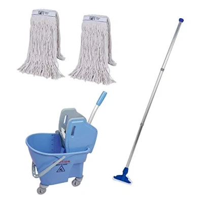 Image of Abbey Professional Heavy Duty Kentucky Mop Handle and Bucket with Two 450g Heads Commercial Set for Cleaning Hard Floors 25 Blue