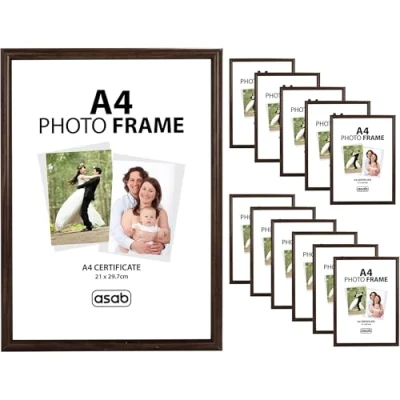 Image of ASAB Pack of 12 A4 Frame Wall Hanging Hooks Flat Classic Design Picture with Quick Photo Insertion Clear Acrylic Display for Table Top Home and Office (Dark Brown)