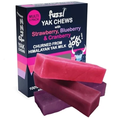 Image of Fuzzl Yak Chews Multipack Strawberry, Blueberry &amp; Cranberry Premium Natural Dog Treats with Himalayan Milk 195g Chew No Hide Food Long Lasting Dental Sticks