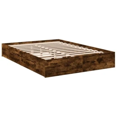 Image of vidaXL King Size Bed Frame with Drawers Smoked Oak Engineered Wood Plywood Slats Bedroom Furniture, 203x153x33 cm, Storage Savvy