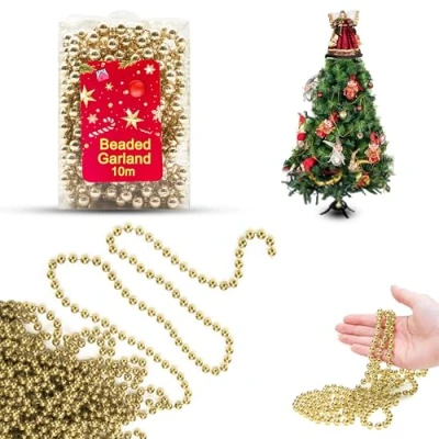 Image of Christmas Bead Chain 10M, Luxury Plastic Garland, Xmas Tree Hanging Ornaments, Party Decoration (Champagne Gold)
