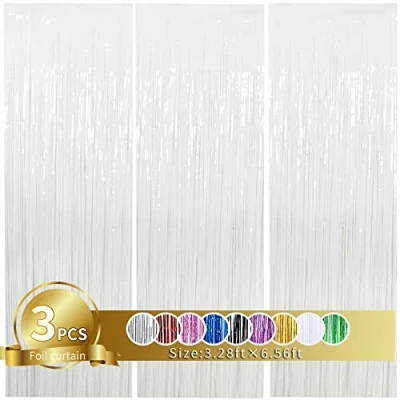 Image of 3Pcs White Metallic Tinsel Foil Fringe Curtains, 3.28ft x 6.56ft Photo Booth Backdrop Streamer Curtain,Photo Props, Bachelorette Party Supplies, Birthday, Christmas,New Year Decorations