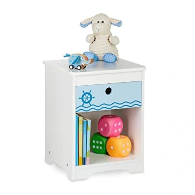 Image of Relaxdays Children&#039;s Bedside Table, Cute Sailor Design, Drawer &amp; Storage Compartment, HWD: 41 x 32 31 cm, White/Blue, 100% fibreboard
