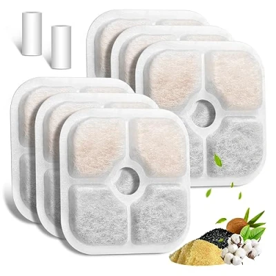 Image of Cat Water Fountain Filter, 6 Pack Pet Filter Replacement Compatible with 2L/2.5L Drinking Fountain, Triple Action Activated Carbon 2 Hoses