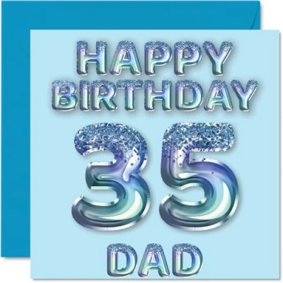 Image of 35th Birthday Card for Dad Blue Glitter Party Balloons Happy Cards 35 Year Old Father from Son Daughter, 145mm x Bday Greeting Gift