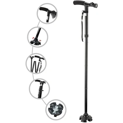 Image of CozyKit Folding Cane with Led Light for Men and Women, Lightweight Adjustable Walking Balance, Stick Elderly Cushion T Handle Pivoting Quad Base