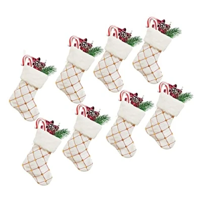 Image of 8 Pcs Christmas Mini Stockings 9 inch Glitter Round Dots Sequins Grid Xmas Stocking with Plush Cuff Tableware Holders Gift Card Bags Bulk Treats Bag Tree Decorations Set