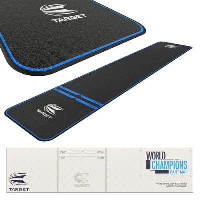 Image of TARGET Darts World Champion Mat Black and Blue Dart Oche with Soft Tip Steel Throw Line Distances Non Slip Carpet Mats for Floor Tips Protection Accessories UK