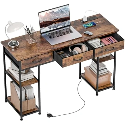 Image of HOMCOM Computer Desk with Power Outlets, 120cm Home Office 3 Fabric Drawers and 4 Storage Shelves, Study Table Workstation for Bedroom, Rustic Brown