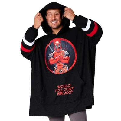 Image of Marvel Blanket Hoodie for Men and Teenagers Cosy Oversized Fleece One Size Warm Loungewear Gifts Him (Black Deadpool)