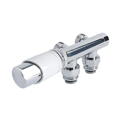 Image of Milano Modern Chrome and White 3/4&quot; Male Thread H Block Angled Valve TRV Thermostatic Radiator with 15mm Copper Adapters