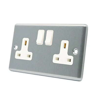 Image of AET CSC2GSOCWH Satin Chrome Classical 2 Gang White Insert Plastic Rocker Switches 13 Amp Double Plug Socket, 240 V