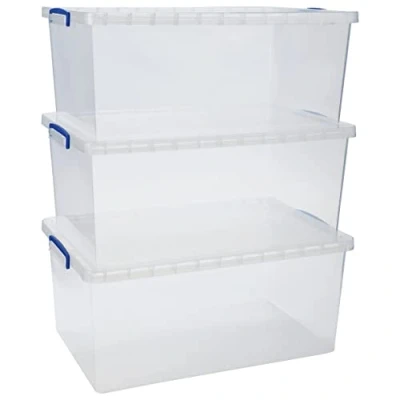 Image of Really Useful Nestable Plastic Storage Box 62 Litre Clear (Pack of 3)