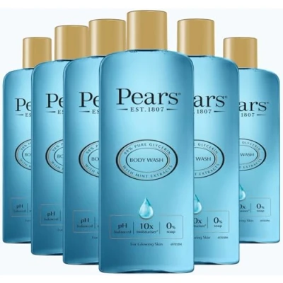 Image of Pears Pure &amp; Gentle Body Wash with Fresh Mint Extract Nourishing Gel Cleanser 10x More Moisturiser* Beauty Bath for Moisturising Care Suitable Men and Women 250ml (6 Pack)