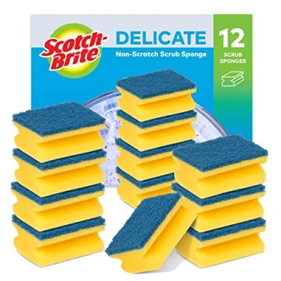 Image of Scotch Brite Delicate Non Scratch Sponge Scourer, 12 Pieces Ideal Everyday Washing up sponge, use on Stick Cookware and Glass