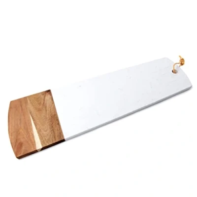 Image of bar@drinkstuff White Marble &amp; Acacia Serving Board 60 x 20cm Single Cheese Board, Platter