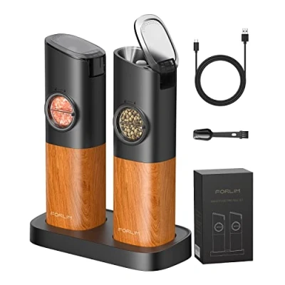 Image of FORLIM Gravity Electric Salt and Pepper Grinder Set, Upgraded Large Capacity, USB Rechargeable Automatic One Hand Operated, Adjustable Coarseness, Auto Dust Lid, LED Light, 2 Pack(Wood Grain)