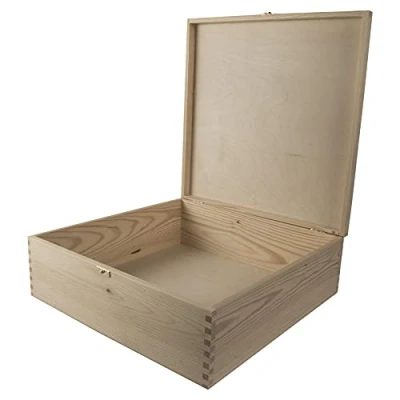 Image of Large Square Deep Wooden Box 40 x 13.5 cm Lid &amp; Clasp Keepsake Gift Storage Case Unpainted Decorative Pine