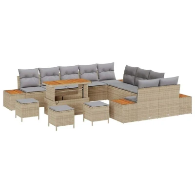 Image of vidaXL 14 Piece Garden Sofa Set with Cushions Beige Poly Rattan Acacia