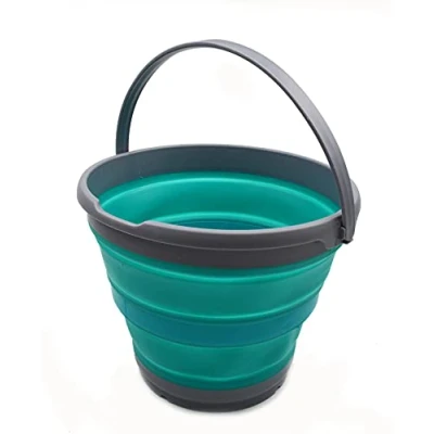 Image of SAMMART 10L Collapsible Plastic Bucket Foldable Round Tub Portable Fishing Water Pail Space Saving Outdoor Waterpot, Size 33cm Dia (10L, Grey/Bluish Green, 1)
