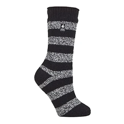 Image of HEAT HOLDERS Ladies Thermal Socks for Winter Outdoor &amp; Indoor Cuddly Fluffy Gifts Women (4 7, Black/White (Chunky Stripe))