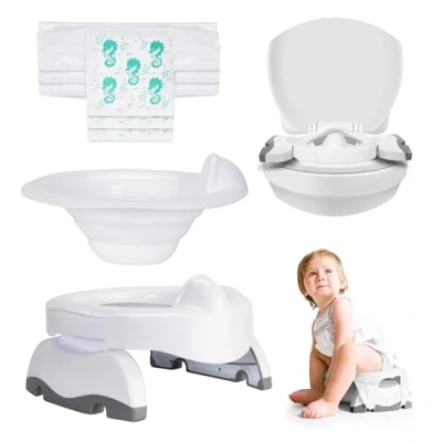 Image of Potette Max 3 in 1 Travel Potty Award Winning Compact, Foldable and Toilet Training Seat Includes x3 Disposable Liners, A Reusable Liner &amp; Carry Bag White