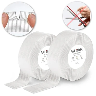 Image of FALINGO Double sided adhesive Tape tearable by hand Nano extra strong no drilling removable transparent 2 rolls (3 cm x 3 m)