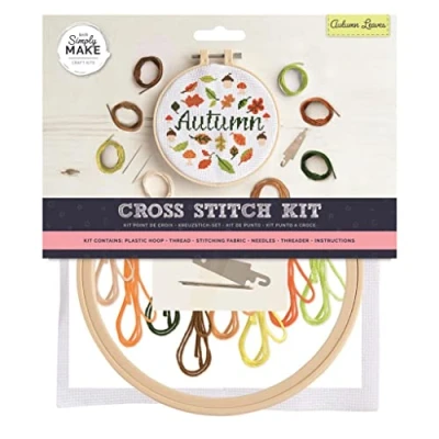 Image of Simply Make Cross Stitch Kit Autumn Leaves Design for Kids and Adults, Including Hoop, Embroidery Thread, Fabric Needle Perfect Adult Crafts Beginners Starter Craft