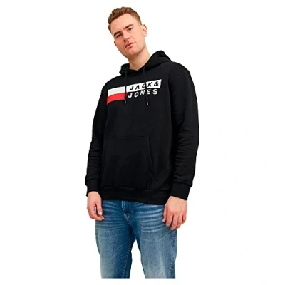 Image of JACK&amp;JONES PLUS Men&#039;s JJECORP Logo Sweat Hood NOOS PS Sweatshirt, Black/Print:Large Print, 7XL