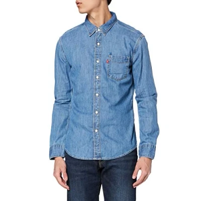 Image of Levi&#039;s Men&#039;s Sunset 1 Pocket Slim Shirt Cotton Tencel Mid Worn (Blue) S