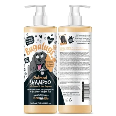 Image of BUGALUGS oatmeal &amp; Aloe Vera dog shampoo grooming products for smelly dogs with fragrance, puppy shampoo, professional Vegan pet conditioner (500ml)