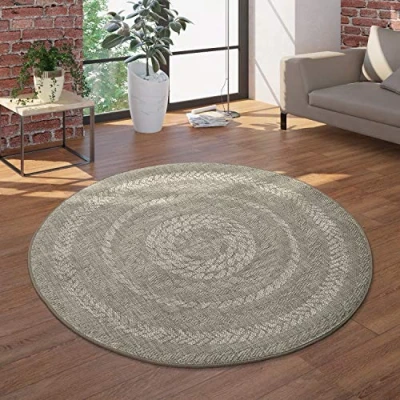 Image of Paco Home round Indoor &amp; Outdoor Rug, Flat Weave With Sisal Look Scandi Design, In Grey, Size:Ø 120 cm