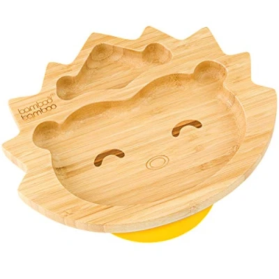 Image of Bamboo Baby Plate and Toddler Plate, Suction for Feeding Weaning, Hedgehog with Secure Suction, Plates Babies from 6 Months (Hedgehog, Yellow)