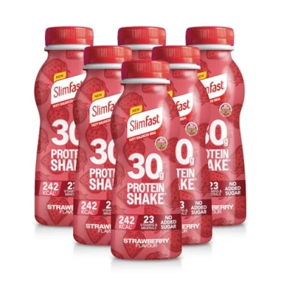 Image of SlimFast Ready To Drink Shake, NEW Strawberry Flavour, High Protein Meal Replacement Shakes for Weight Loss and Balanced Diet, Vitamins Minerals, No Added Sugar, 6 x 325 ml