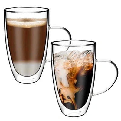 Image of Vinsani PIVANO Double Walled Coffee Drink Glasses Tea Cup Mug 600ml Set of 2 Heat Cold Resistant Aesthetic Clear Borosilicate Glass with Handle Cappuccino Latte Dessert Hot and Drinks