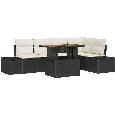 Image of vidaXL 6 Piece Garden Dining Set with Cushions Black Poly Rattan Acacia