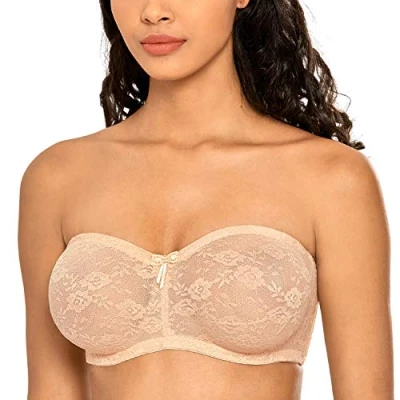 Image of DOBREVA Women&#039;s Strapless Bras See Through Sheer Lace Non Padded Underwired Multiway Bra Beige 36A