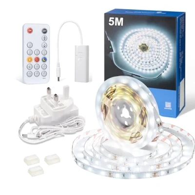 Image of WOBANE White LED Strip Lights, Dimmable Light Kit, 5m Flexible Tape Lights for Bedroom,Kitchen,Under Cabinet,Bright 6000K Daylight, Mirror Lighting Vanity Makeup Dressing Table