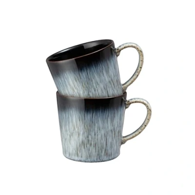 Image of Denby Halo Heritage Coffee Mug Set of 2 390ml Reactive Glaze Stoneware Ceramic Tea Dishwasher Safe, Microwave Safe Black, Grey, White Chip Resistant