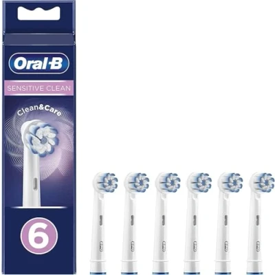 Image of Oral B Sensitive Clean Electric Toothbrush Head with &amp; Care Technology, Extra Soft Bristles for Gentle Plaque Removal, Pack of 6, White