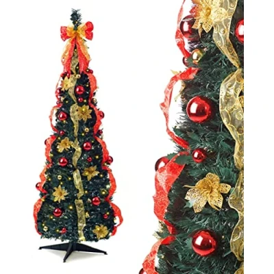 Image of Best Artificial Battery Powered Pre Lit &amp; Decorated Pop up Christmas Tree Xmas with Lights (Red/Gold)