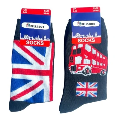 Image of Souvenirs 2 Pairs Mens Union Jack Socks London Bus UJ British Flag Sock